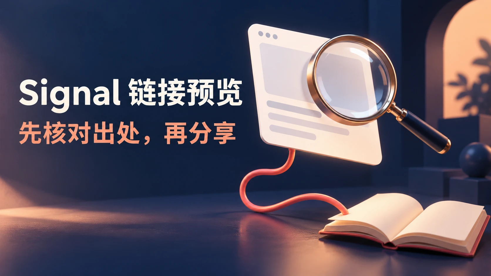 链接预览卡片与原始出处核对的原创概念插画